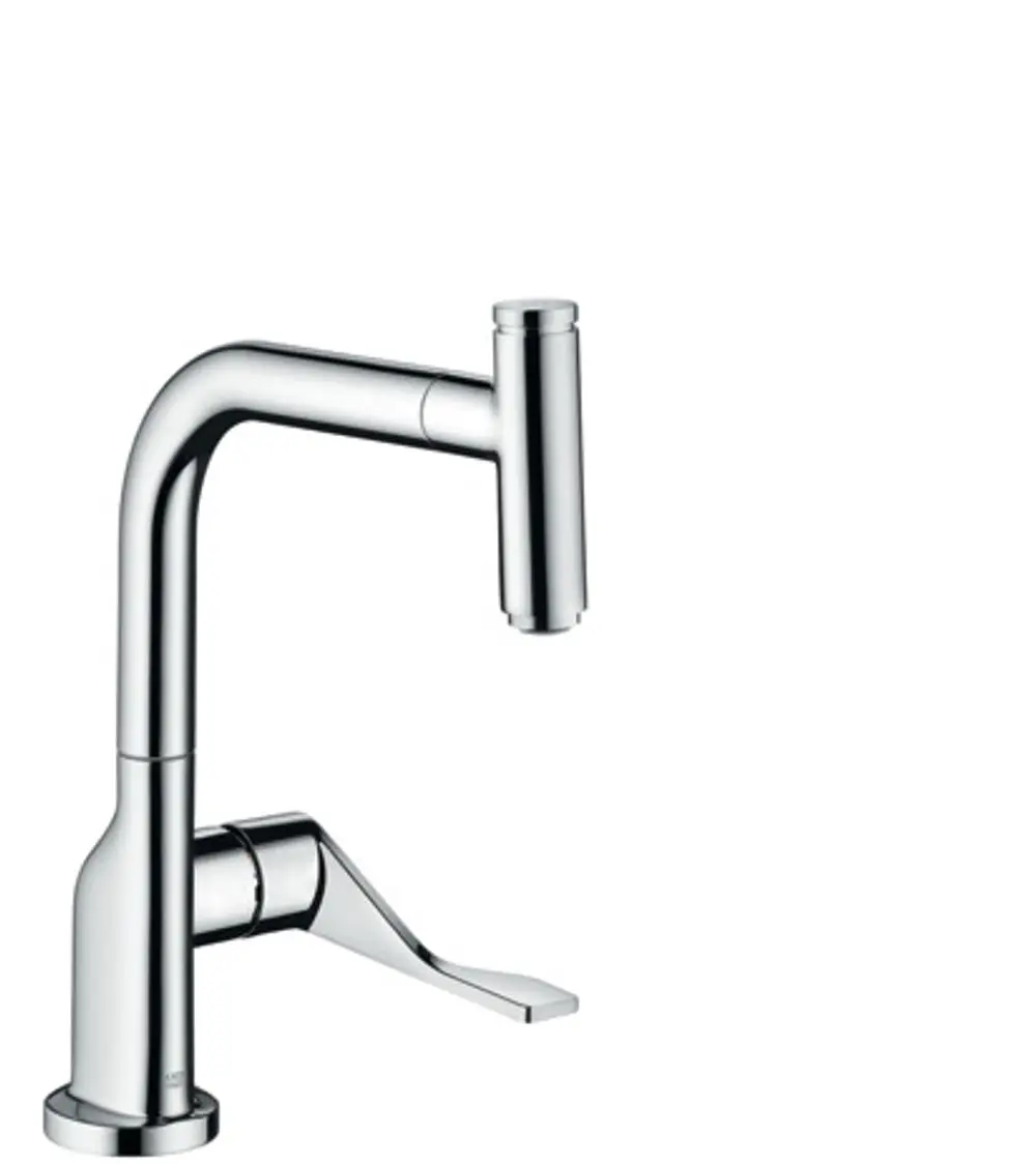 Chromfarbener Spültischmischer von AXOR mit einem Ausziehauslauf und einem ergonomischen Bedienhebel für eine praktische Handhabung.